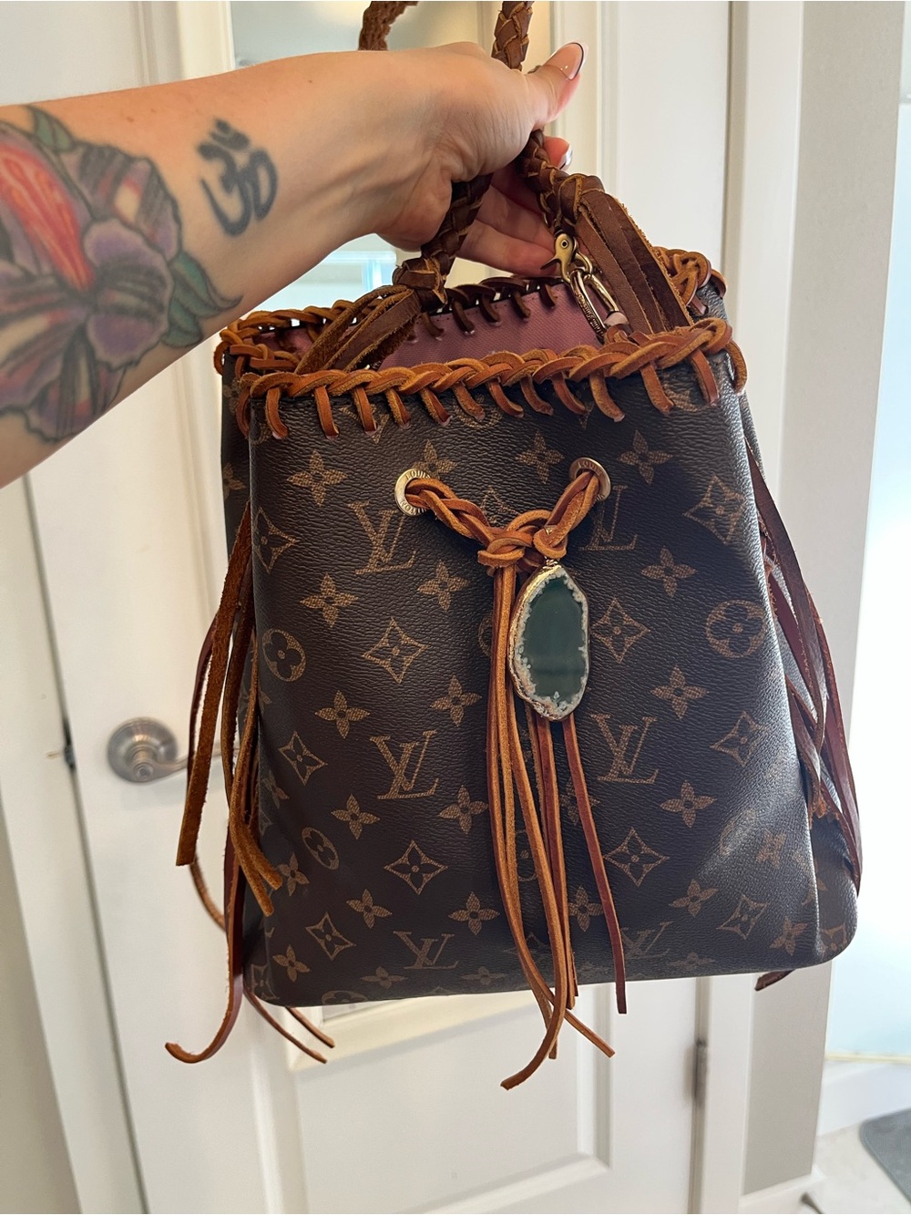 Repurposed Louis Vuitton Canvas Brown Monogram Fringe Bucket Bag - Brown/Pink - Picture 6 of 6